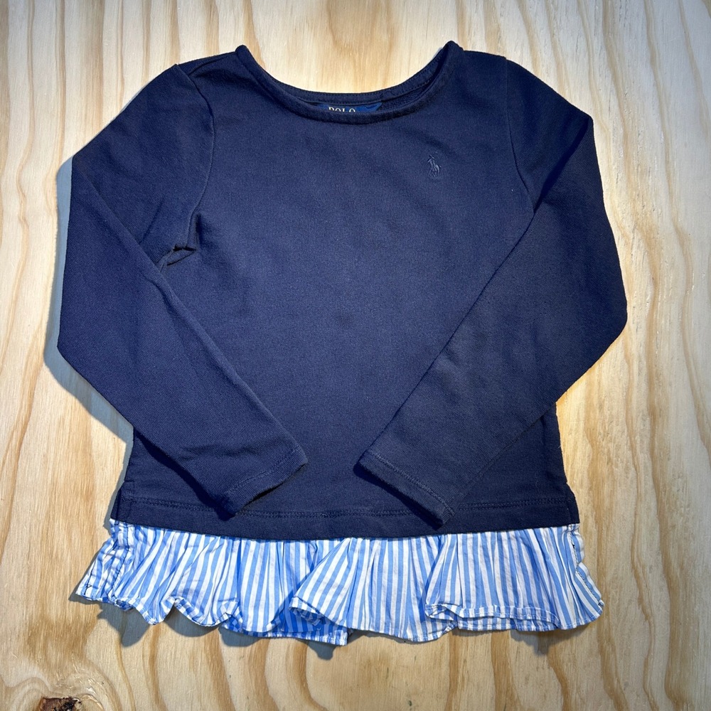 Polo Ralph Lauren Girls Navy Blue Ruffle Hem Long Sleeve Top Size 6
